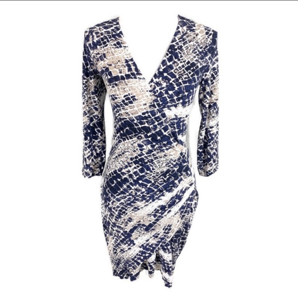 Cache blue cream alligator print faux wrap dress